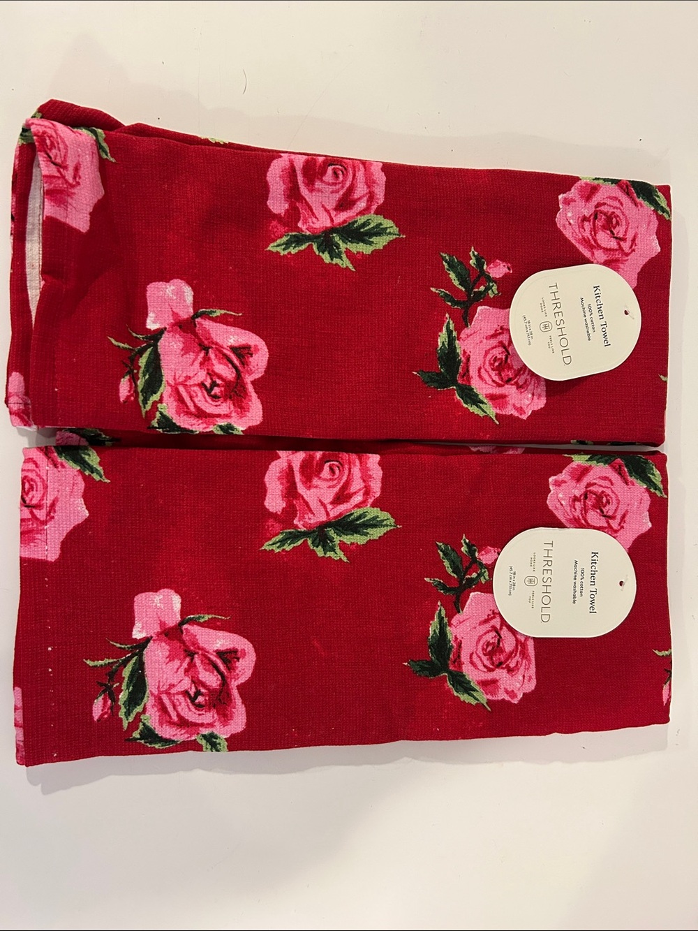 Threshold Red Kitchen Towel with Pink Rose Print